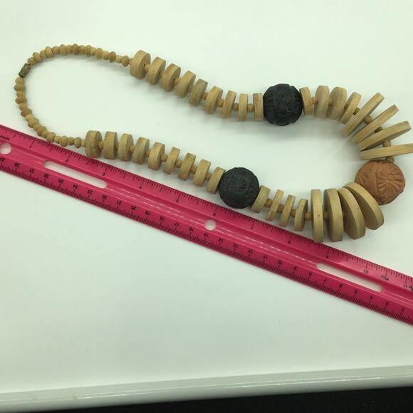 Chunky Red (Terra Cotta) & Black Clay & Wooden Disc Bead Statement Necklace - Picture 7 of 13